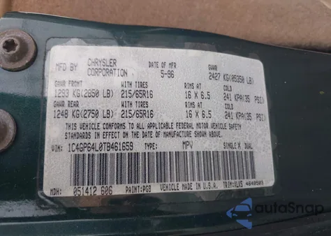 1996 Chrysler Town & Country Lxi z USA, uszkodzony, nr VIN 1C4GP64L0TB461659